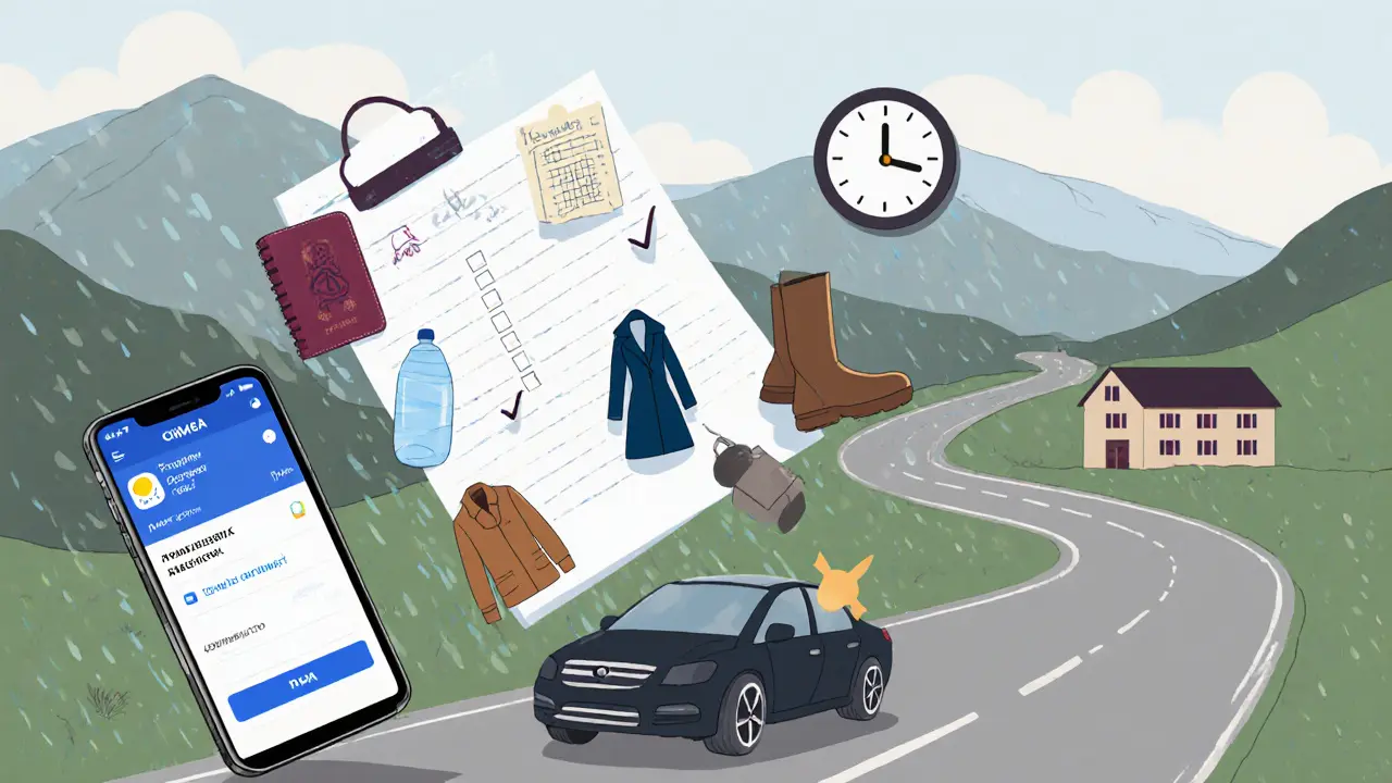 Чек-лист путешественника парит рядом с машиной на горной дороге к винодельне, с паспортом, ботинками и предупреждением о погоде.