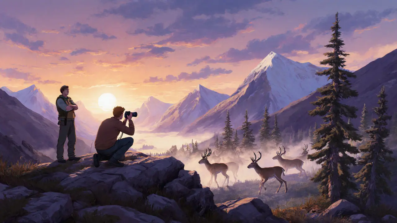 Фотограф с камерой наблюдает за оленями на фоне заката в горах Алтая.