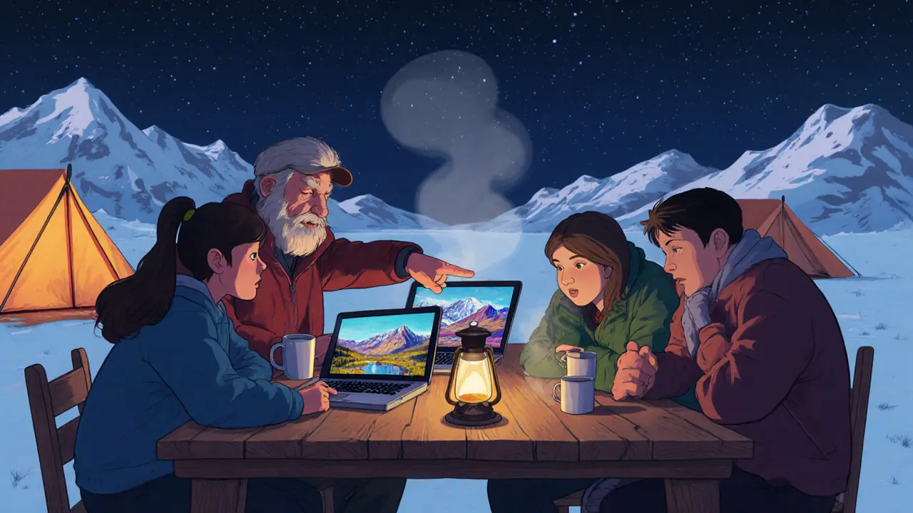 Фотографы разбирают снимки у костра в лагере при звёздах, теплый свет фонарей.