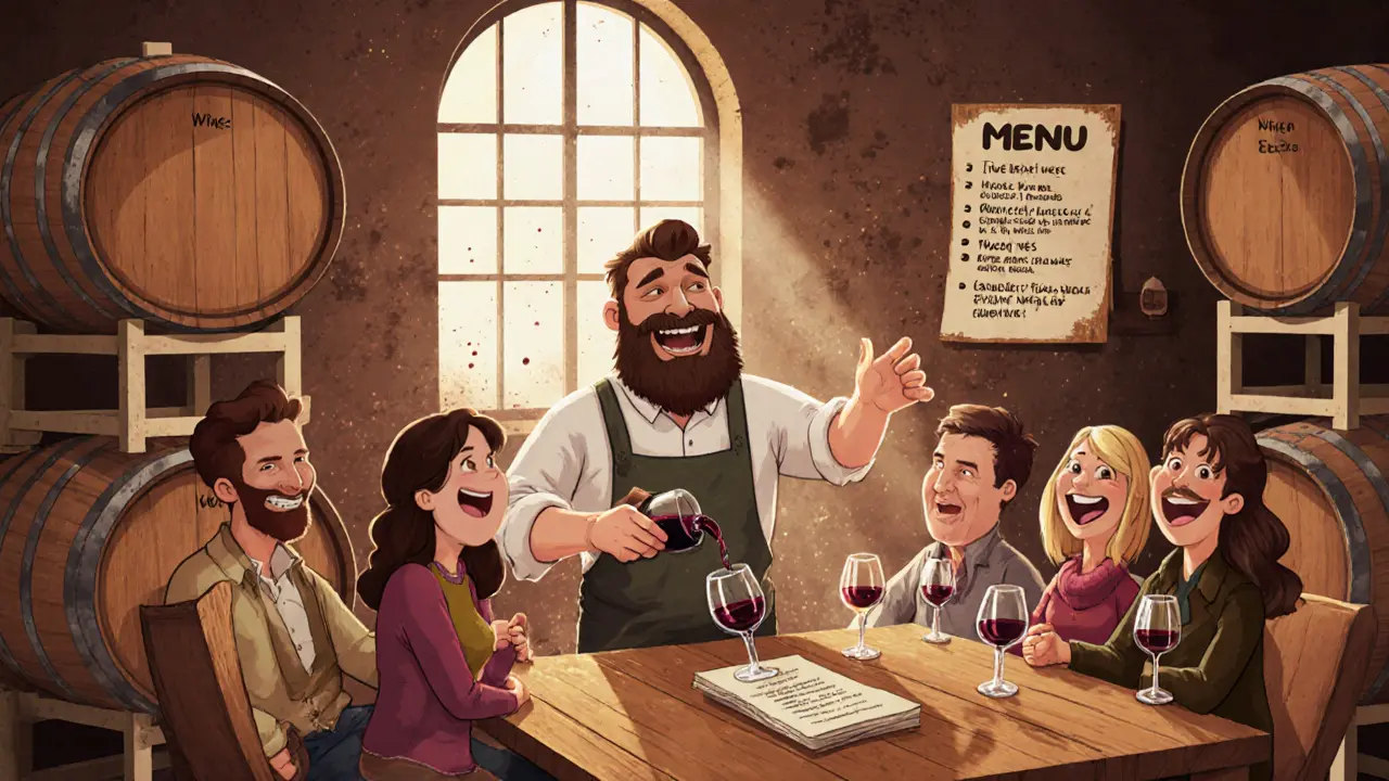 Группа гостей дегустирует вино с виноделом в деревянном погребе среди бочек и солнечных лучей.