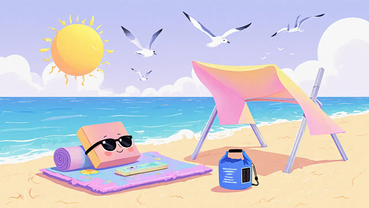 Легкий коврик, тент с боковыми стенками и маленький гермомешок-подушка на пляже.