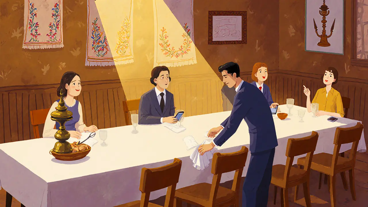 Мужчина держит стул для женщины за ужином, все без телефонов, сосредоточены на разговоре.