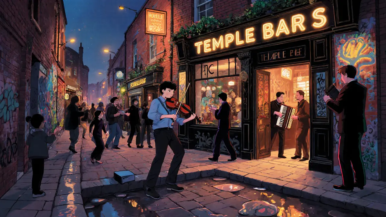 Ночная улица Темпл Бар: музыкант играет на скрипке, люди танцуют и слушают под светом пабов.