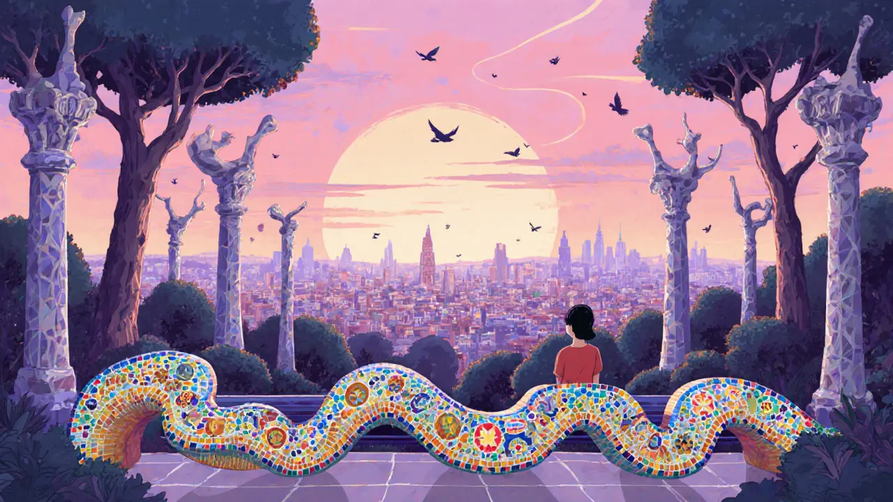 Парк Гуэль на рассвете с мозаичными лавками и панорамой города, без туристов, только птицы.