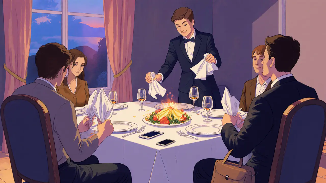 После ужина гости кладут салфетки на стол, один встаёт, благодарит хозяина, телефон спрятан.