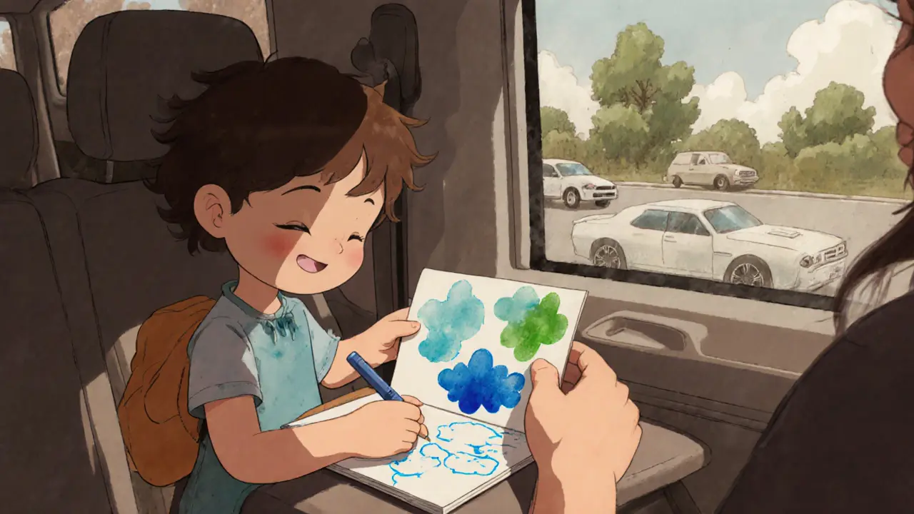 Ребёнок раскрашивает влажной ручкой карточку в транспорте, рядом лежит блокнот с рисунками.