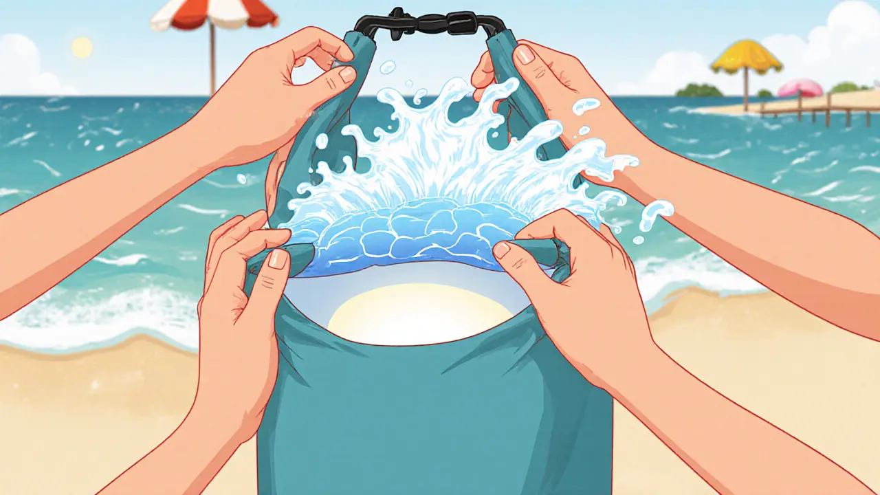 Руки плотно скручивают гермомешок, выдавливая воздух, вода брызжет снаружи.