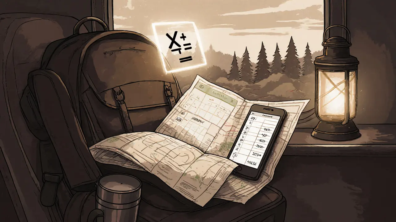 Рюкзак на поезде с телефоном, показывающим простую таблицу расходов, освещённый тёплым светом.