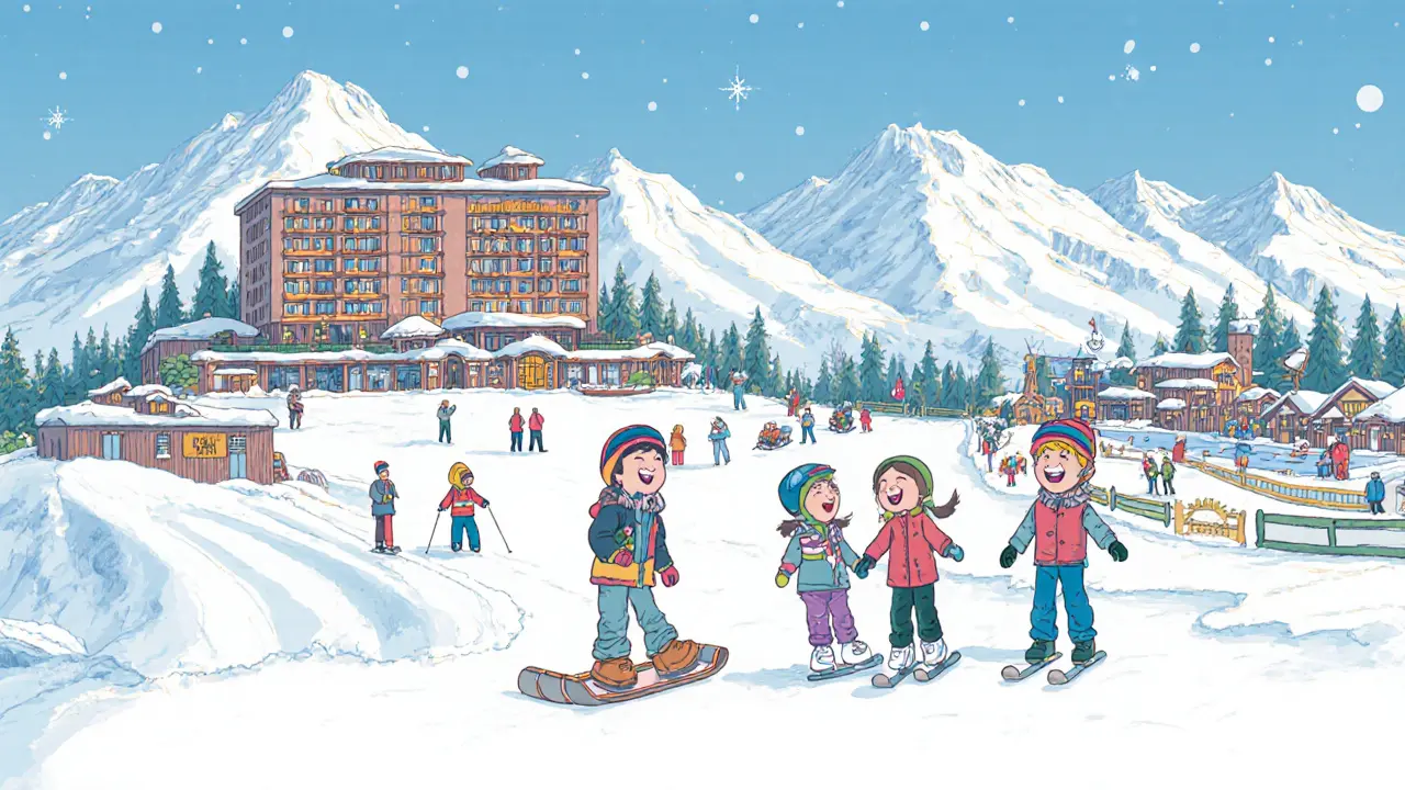 Семья катается на лыжах в Манжероке, рядом детский центр и отель с сауной на фоне гор Алтая.