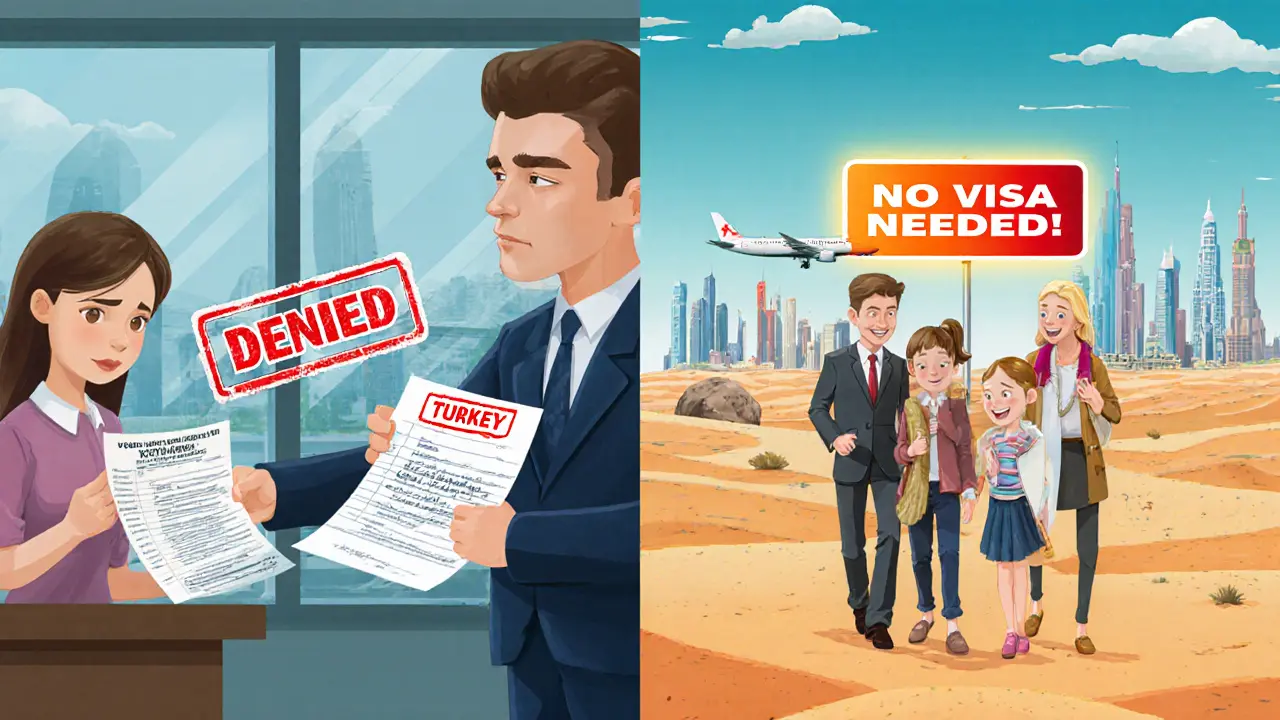 Семья получает отказ на визу слева и радостно улетает в Турцию справа, с яркими пейзажами на фоне.