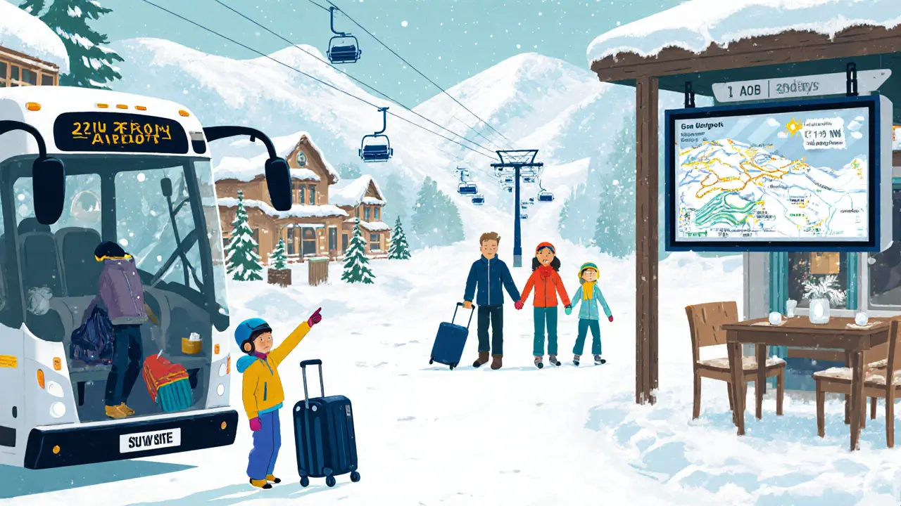 Семья прибывает на курорт на автобусе, рядом цифровые табло с данными о снеге.