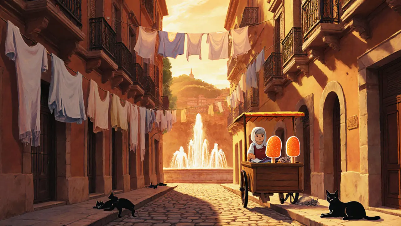 Скрытый район Барселоны: бабушка продает мандариновое мороженое, кошки на камнях, узкие улочки.