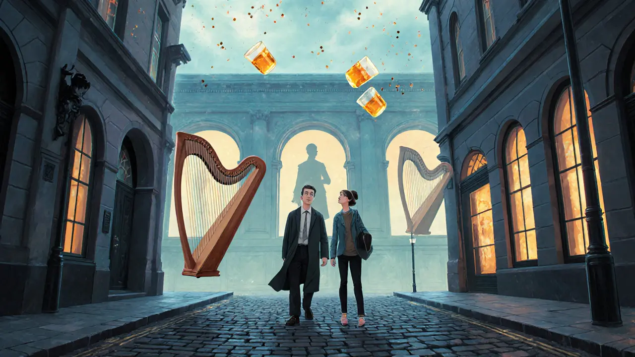 Слияние прошлого и настоящего Дублина: Джеймс Джойс и современный студент слушают кельтскую мелодию, окруженные символами истории.