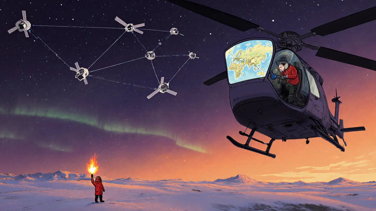 Спасательный вертолёт получает сигнал SOS с тундры, спутники соединяют человека с центром спасения.