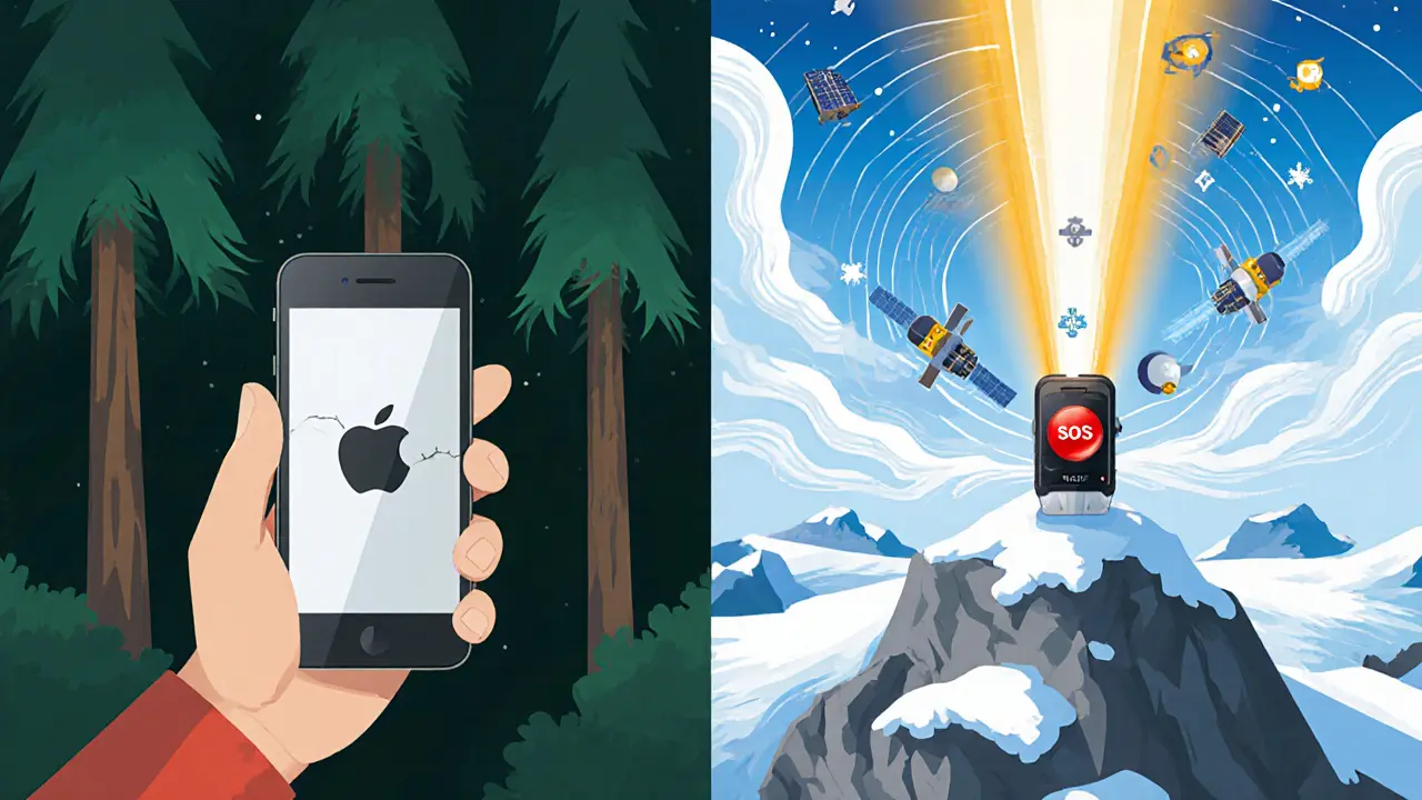 Сравнение iPhone 14 и Iridium Extreme: один не работает в лесу, другой отправляет сигнал с открытой местности.