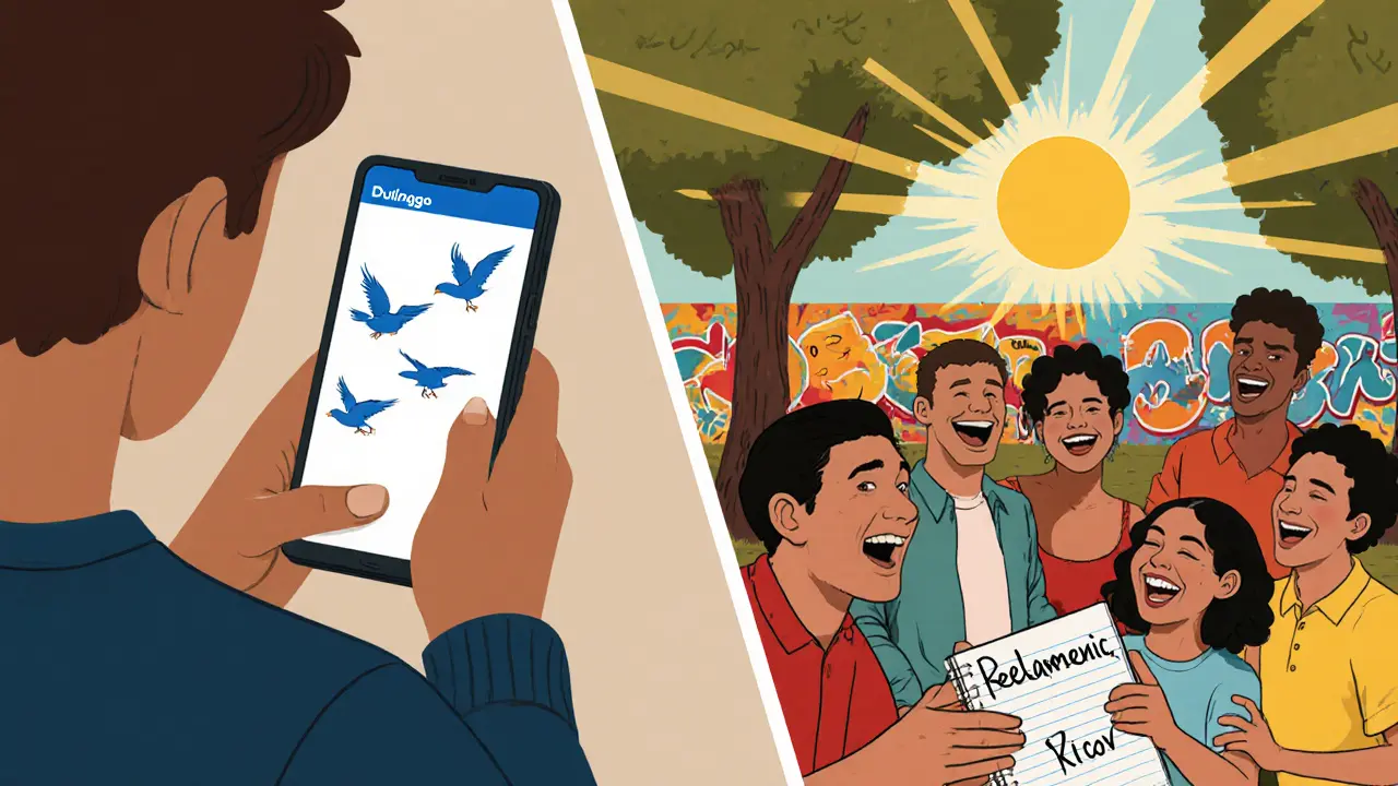 Сравнение изоляции с приложениями и живого общения с носителями языка в парке.