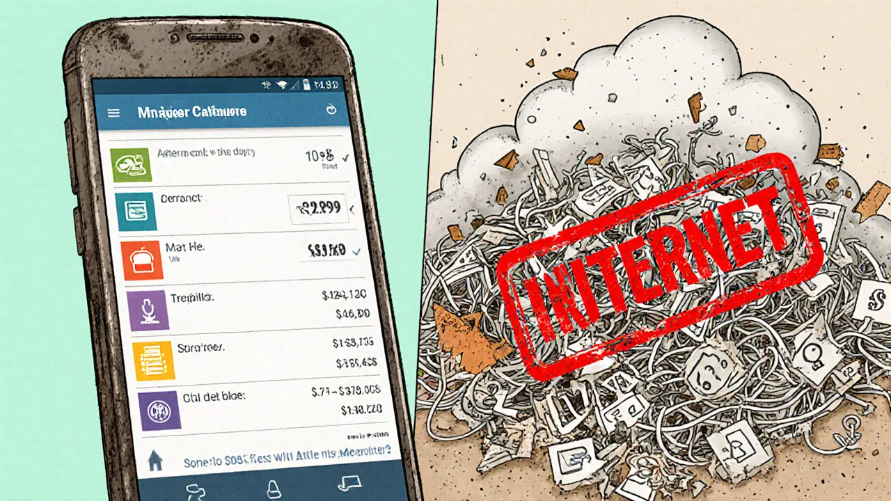 Сравнение простого офлайн-приложения и разрушающихся облачных сервисов в иллюстративном стиле.