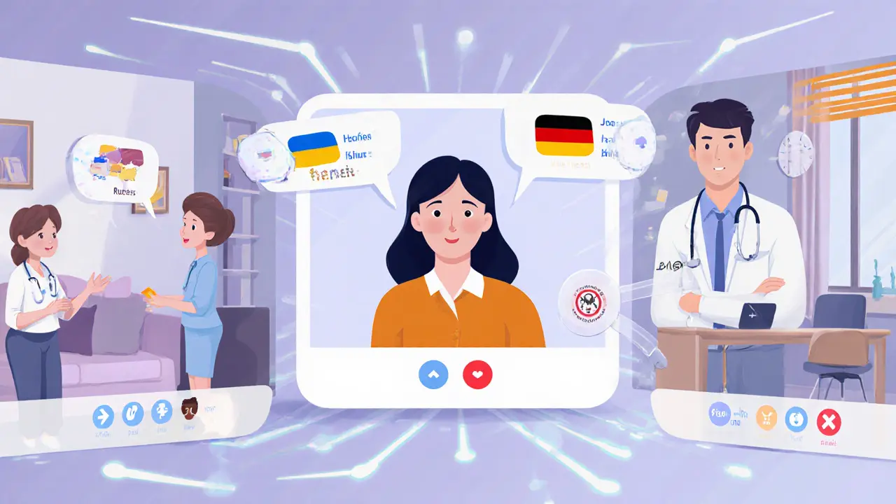 Трехсторонний звонок между матерью, дочерью и врачом — все говорят на своих языках, над головами — живые переводы в виде голографических текстов.