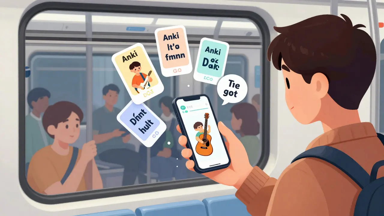 Человек в метро с телефоном, на экране которого всплывают карточки с ассоциациями и реальными сценами.