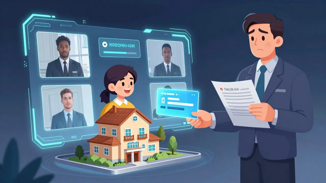 Цифровой блокчейн-интерфейс отображает видео проверки квартиры и автоматический возврат депозита.