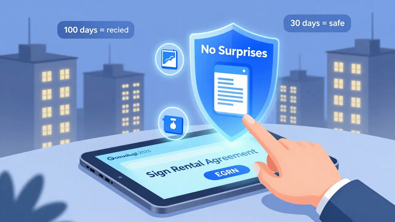 Цифровой интерфейс Госуслуг для аренды жилья с защитными значками и подсказками по срокам.