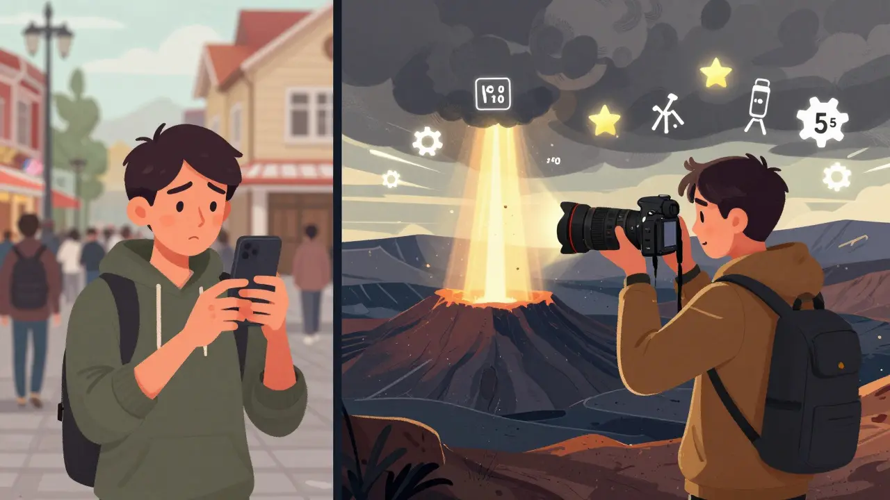 До и после: новичок с телефоном против фотографа с DSLR на вулкане, с техническими иконками.