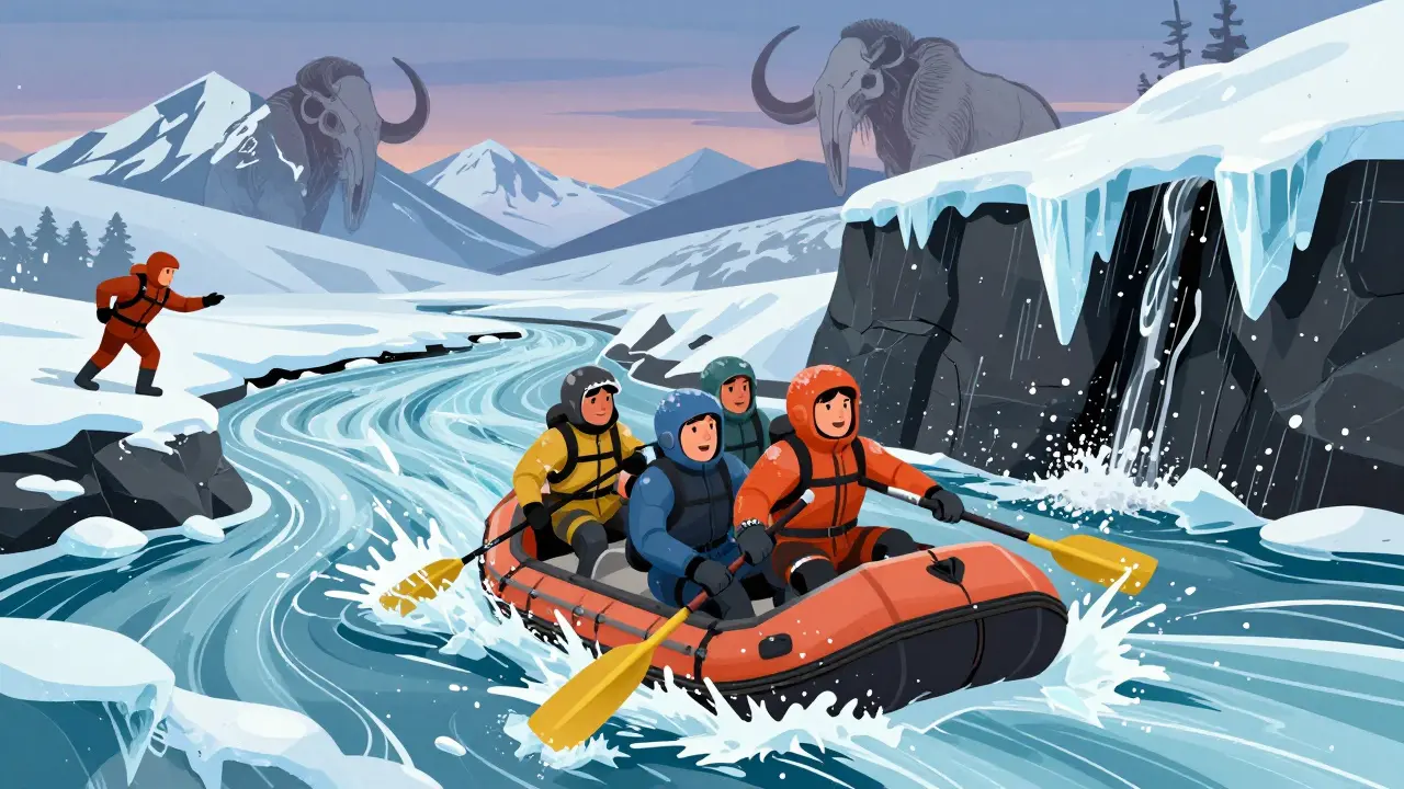 Экспедиция на байдарках преодолевает ледяные пороги реки Нимныр в Арктике.