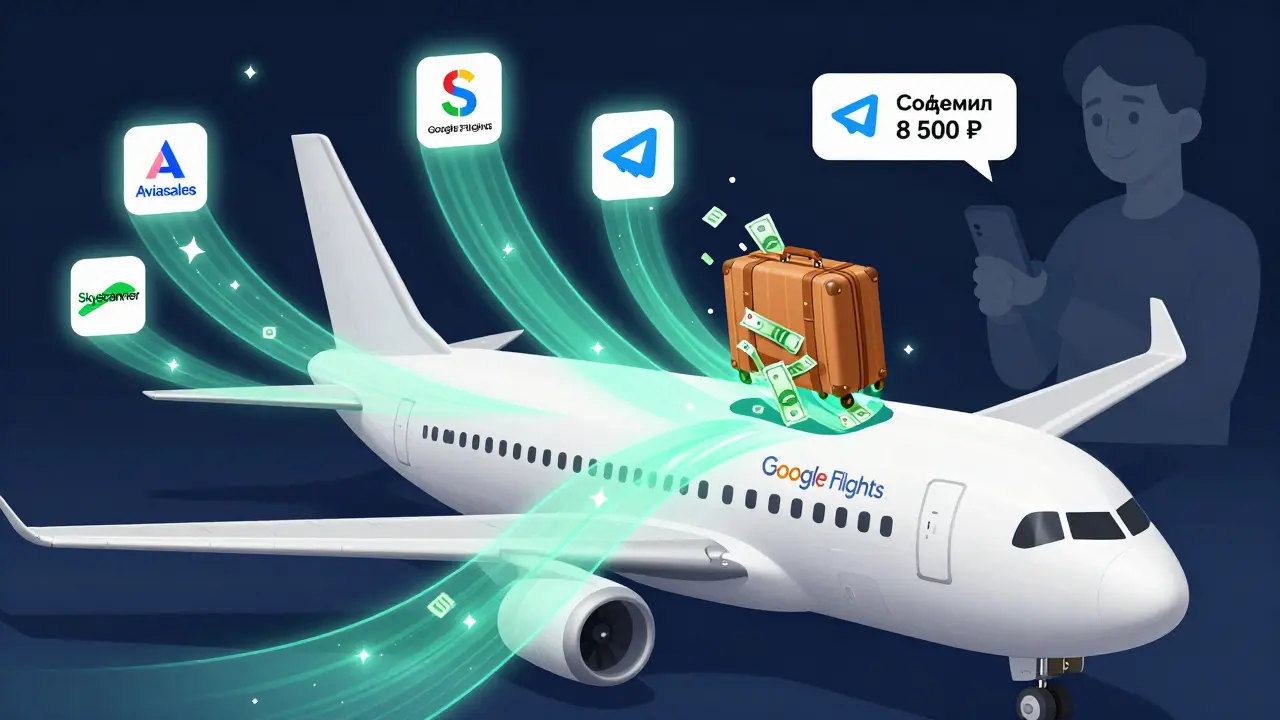 Футуристическая панель управления путешествиями с потоками данных и уведомлением о сэкономленных деньгах.