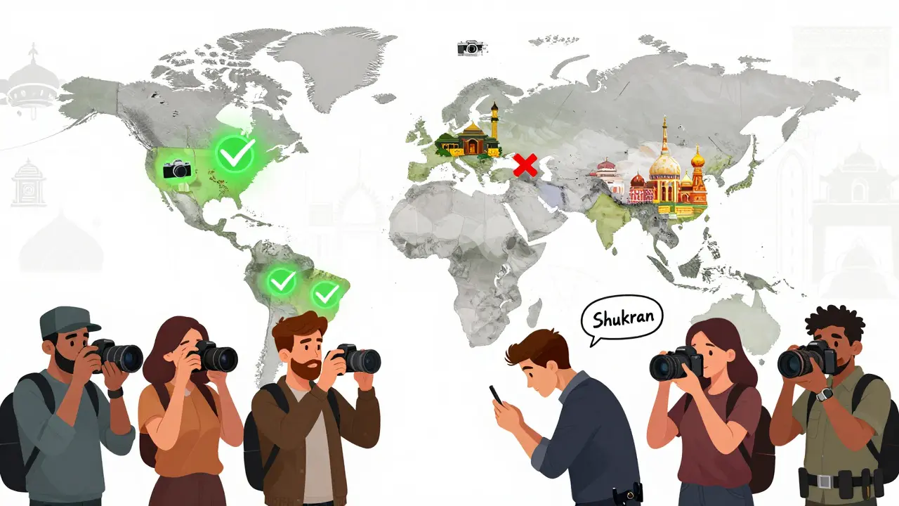 Глобальная карта с разрешенными и запрещенными местами для съемки, фотографы с телефонами и словом &#039;Shukran&#039;.