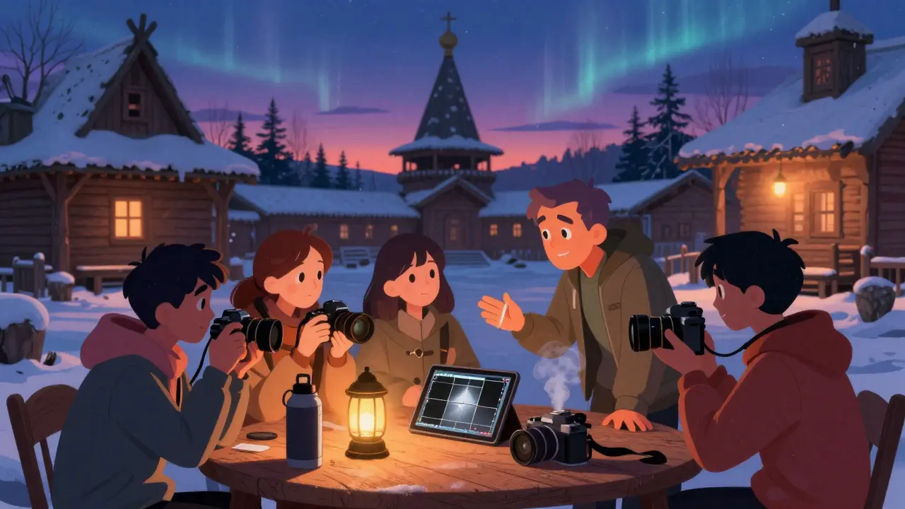 Группа фотографов разбирает снимки у фонаря в монастыре, на небе — северное сияние.