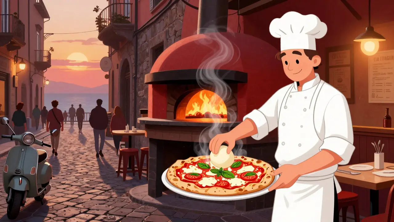 Иллюстрация: пекарь в Неаполе вынимает пиццу Маргарита из дровяной печи, пар поднимается в воздухе.