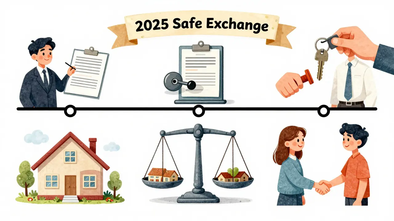 Иллюстрация процесса обмена жильём: от загрузки фото до получения ключа в новом доме, с этапами юридической проверки и одобрения банка.