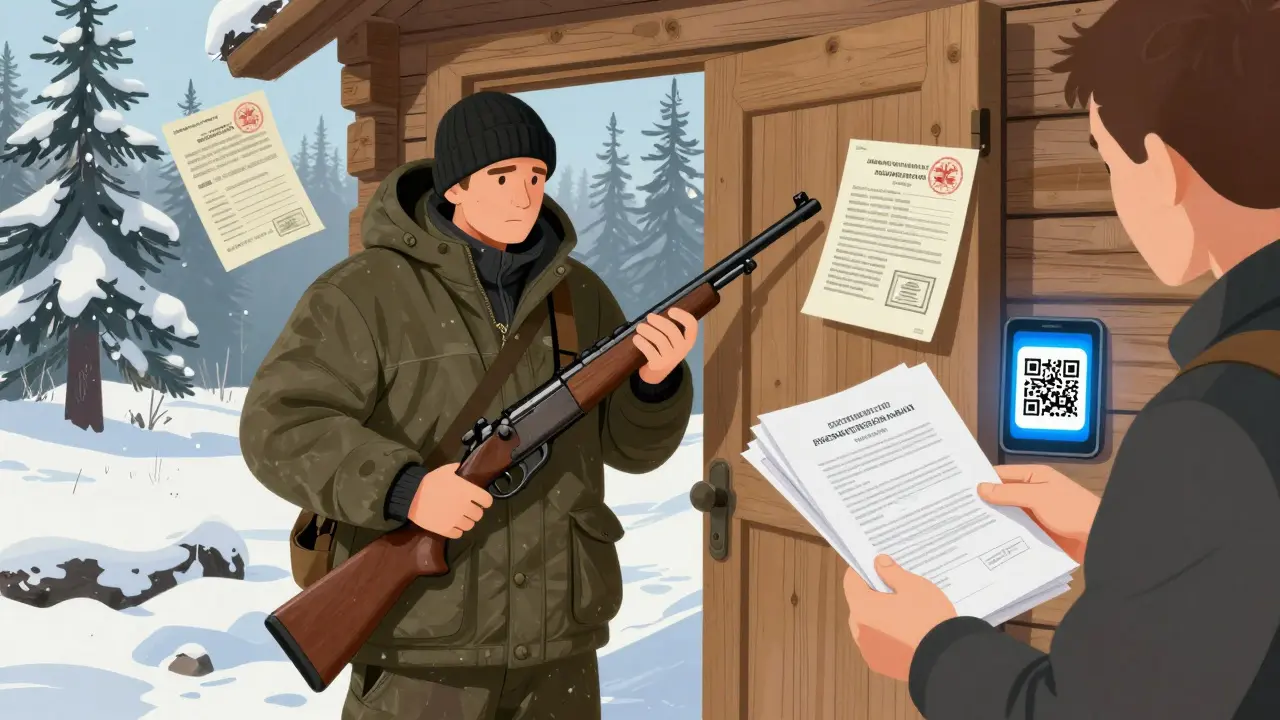 Иностранный турист получает арендуемое ружьё от российского туроператора среди кучи бумажек и QR-сканера.