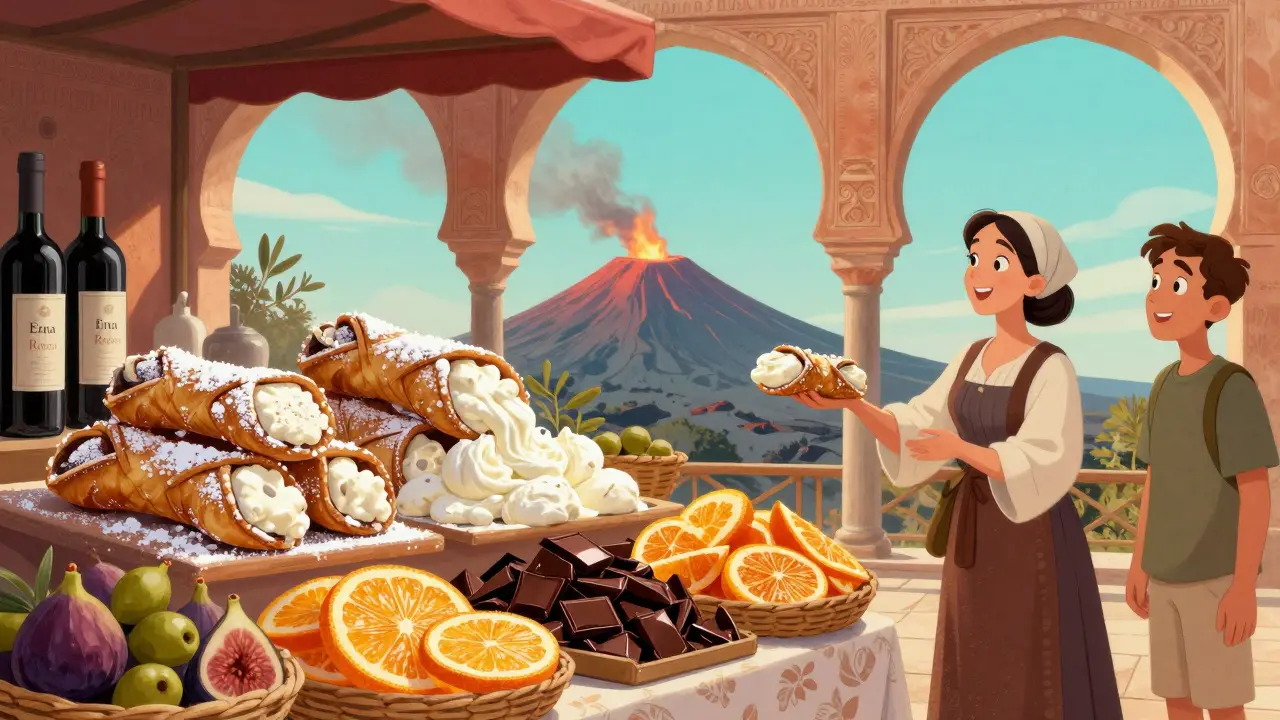 Концепт-арт: яркий сицилийский рынок с канноли, вином Этны и фруктами, на фоне действующего вулкана.