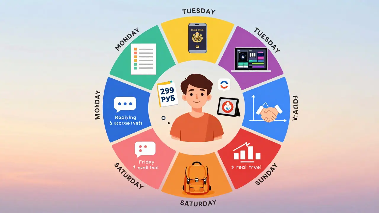 Круговая диаграмма недели тревел-блогера с этапами планирования, съемки и отдыха.