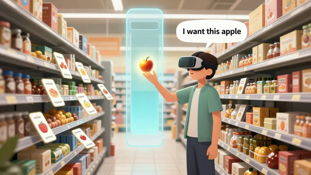 Люди в виртуальном супермаркете выбирают продукты, называя их на иностранном языке, карточки превращаются в предметы.