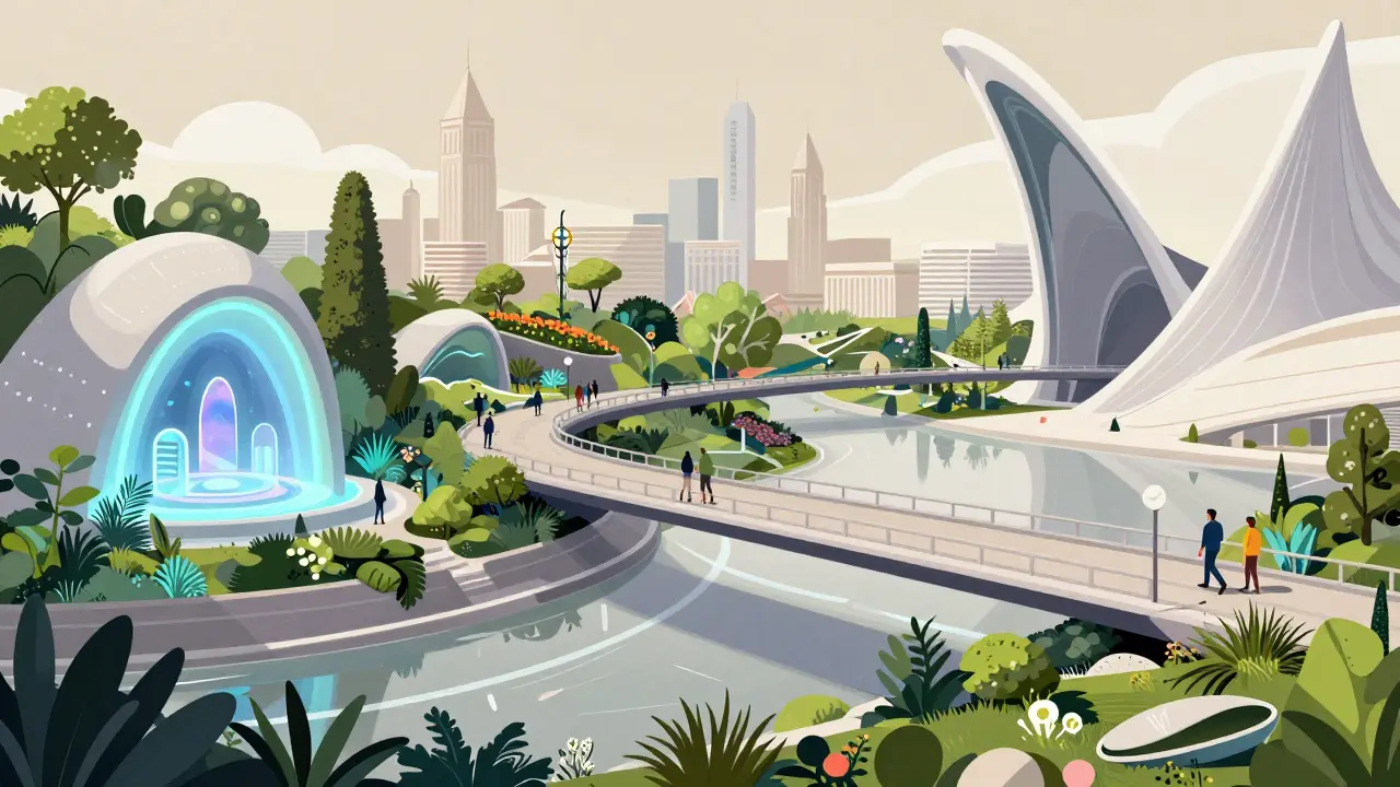 Парк Зарядье с парящим мостом и световой инсталляцией в стиле футуристического сада.