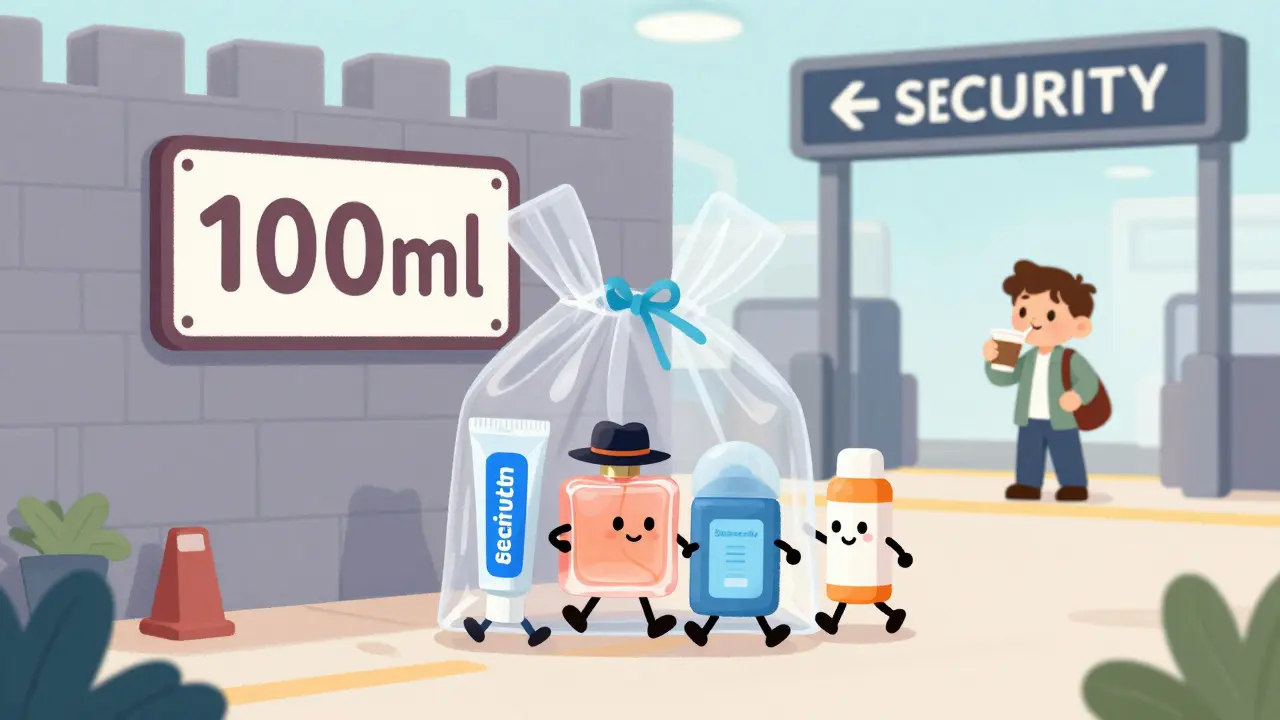 Персонифицированные бутылочки с косметикой идут в прозрачный пакет, а пассажир пьёт кофе после досмотра.