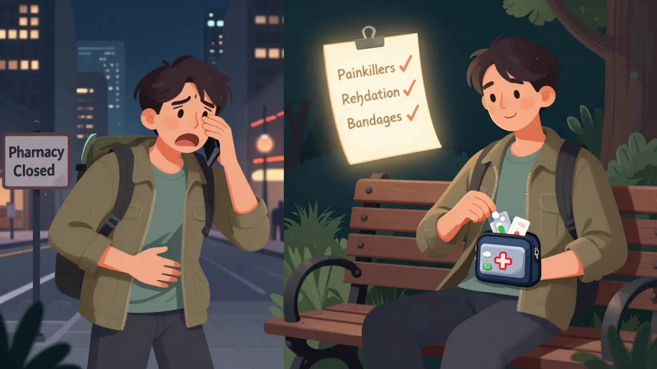 Путешественник в стрессе слева и спокойно принимающий таблетку справа — аптечка как спасение.