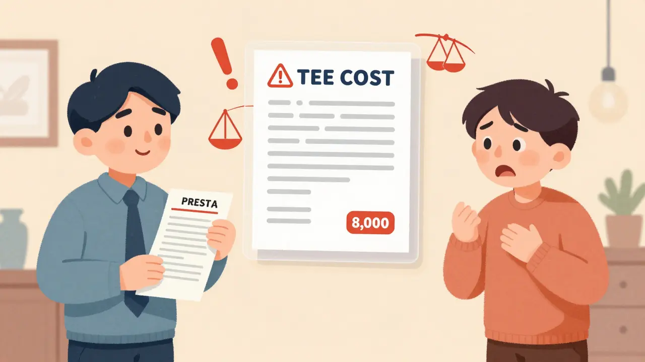 Разделённая сцена: арендодатель с квитанцией и арендатор с неожиданным счётом за коммуналку.