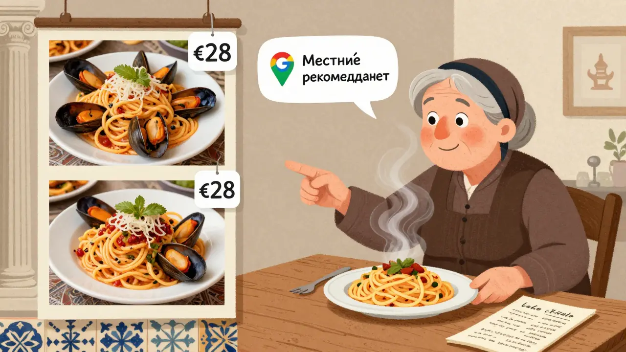 Разделённая сцена: турист с фото-меню слева, местная жительница подаёт пасту справа, между ними метка Google Maps.