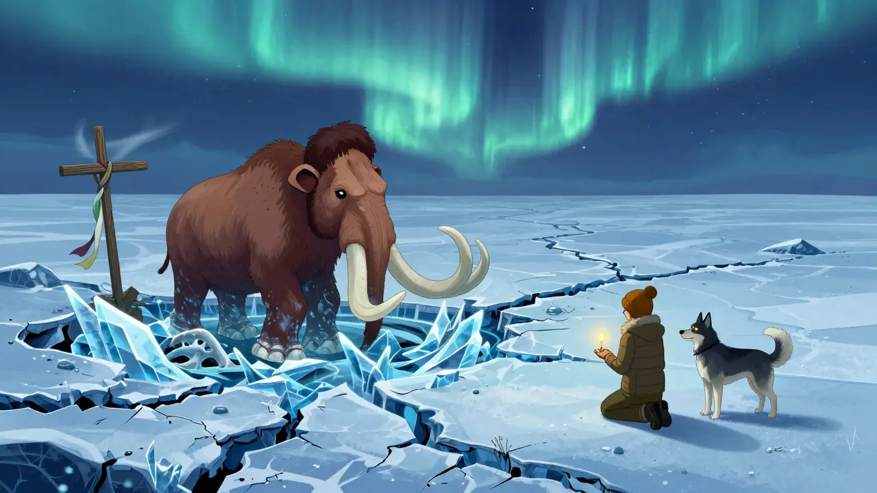 Разлом в вечной мерзлоте обнажает останки мамонта, турист стоит у мемориала под северным сиянием.