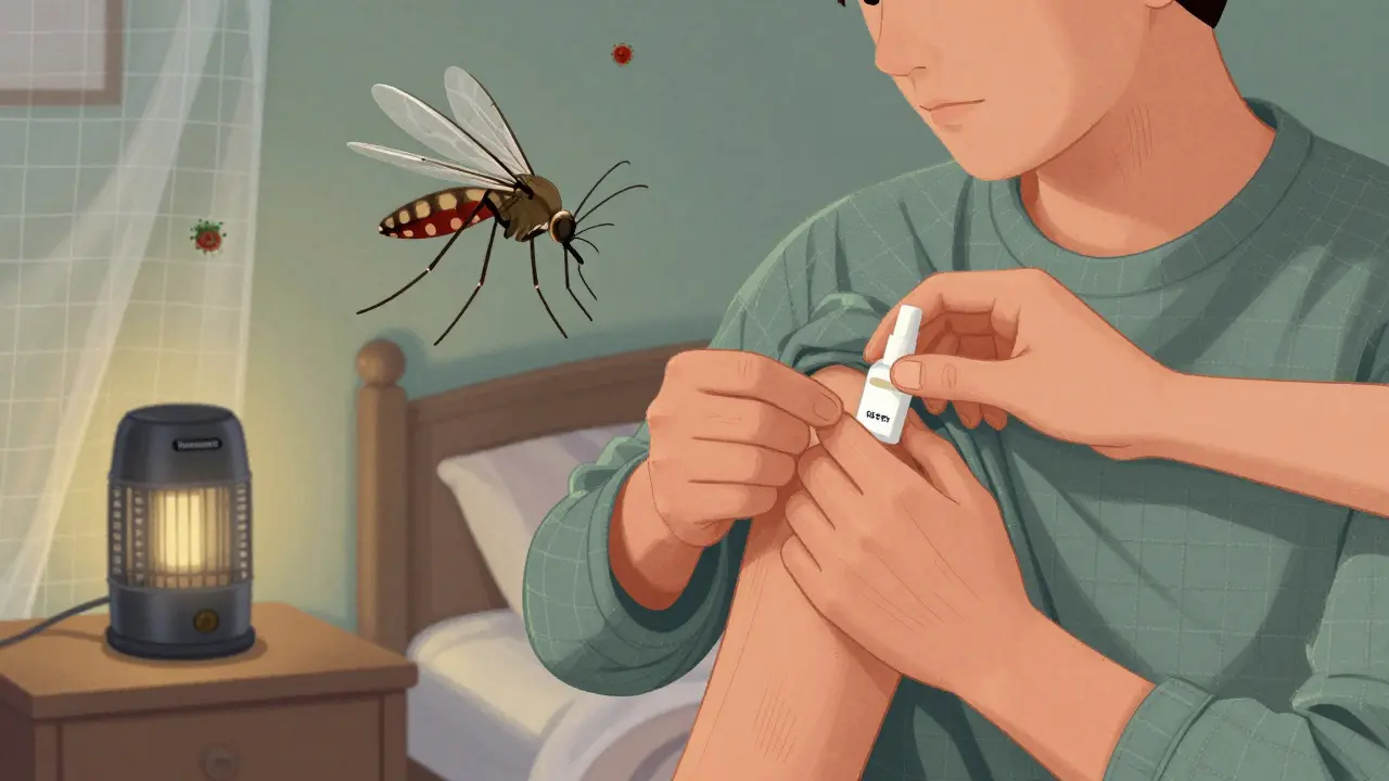 Рука с нанесенным репеллентом и пропитанной одеждой, рядом — комар с паразитом внутри.
