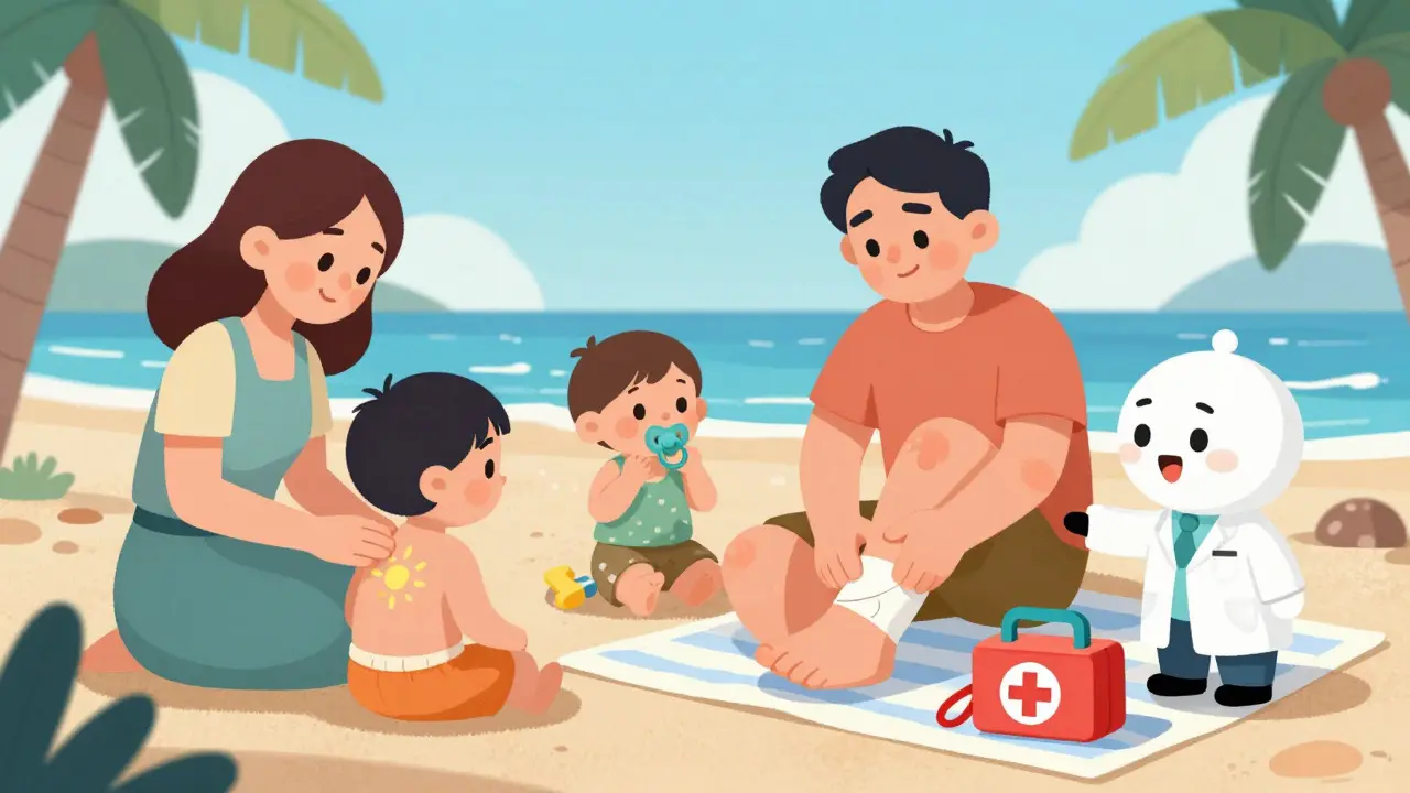 Семья на пляже: мать наносит солнцезащитный крем, отец перевязывает ногу, рядом лежит аптечка.