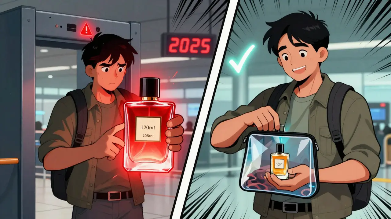 Сравнение: большой флакон парфюма с красным предупреждением и мини-версия в прозрачном пакете с зелёной галочкой.