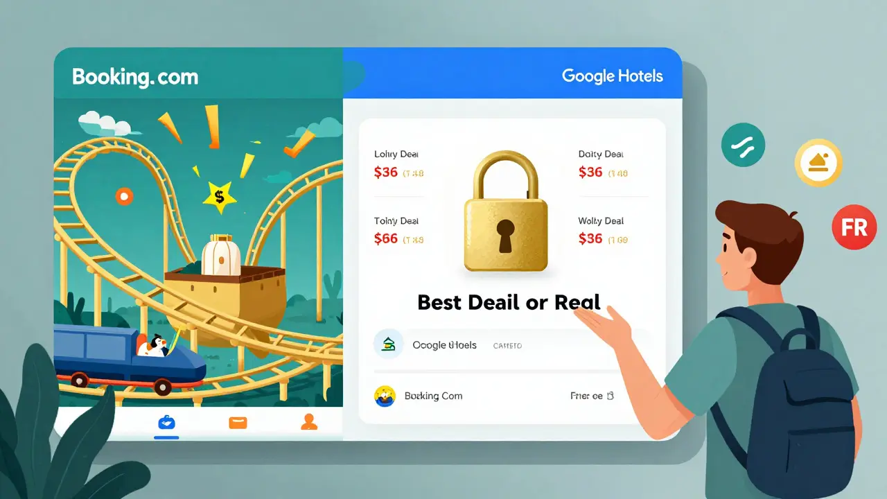 Сравнение цен на отели: хаотичные колебания слева и спокойные выгодные предложения справа.