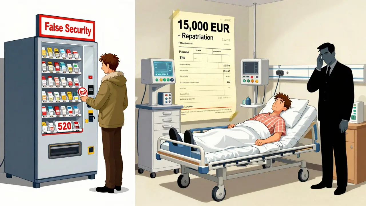 Сравнение: дешевая страховка слева и огромный счет в немецкой больнице справа.