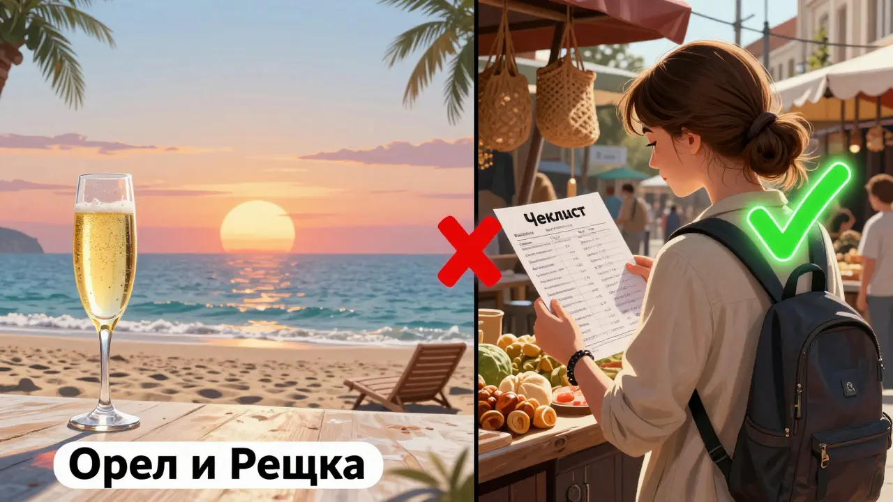 Сравнение: фальшивый отдых слева и практический гид справа с чек-листом на рынке в Тбилиси.
