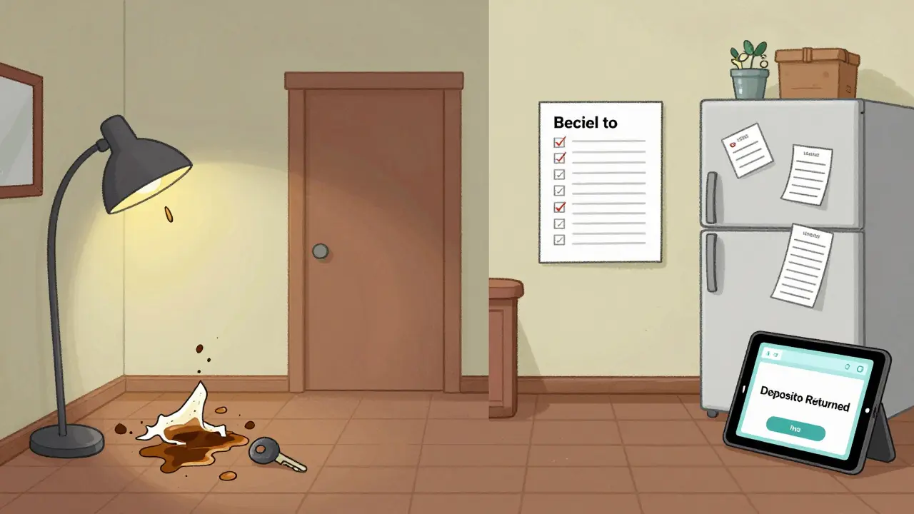 Сравнение грязной и идеально убранной квартиры с документами и чеками на фоне.