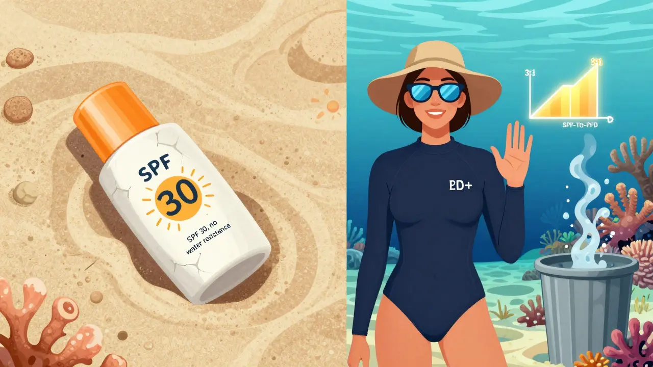 Сравнение: сгоревшая кожа и старый крем слева, защищённый человек с UPF-одеждой и правильным кремом справа, кораллы в воде.